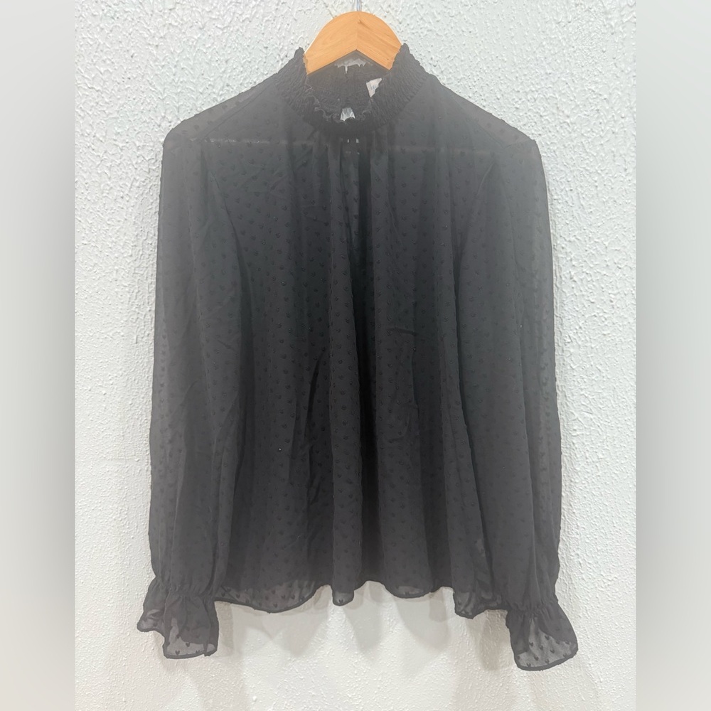 Belle Sky Women’s Black Sheer Blouse Ruffles/Smock Neckline  Size XL